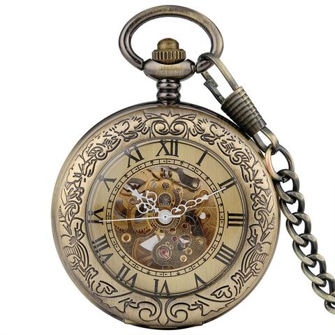 Montre de poche style Bronze Antique Transparent, mécanique automatique, Fob, avec chaîne de poche, cadeaux, pour hommes et femmes ► Photo 1/6