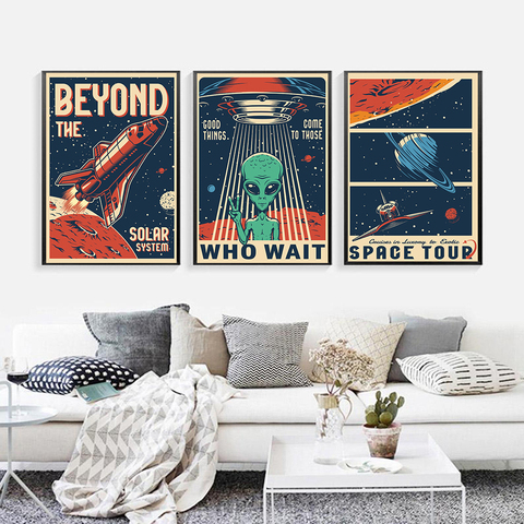 Hd imprimer Vintage Art peinture espace rétro Alien affiches voyage paysage affiche mur Art photo pour salon décoration de la maison ► Photo 1/6