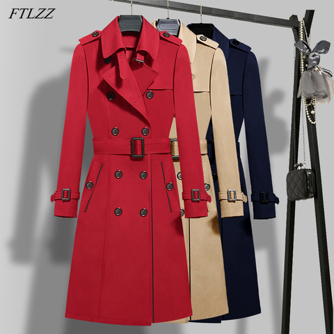 FTLZZ automne hiver femmes col rabattu Double boutonnage longue Trench décontracté mince Trench avec ceinture ► Photo 1/6