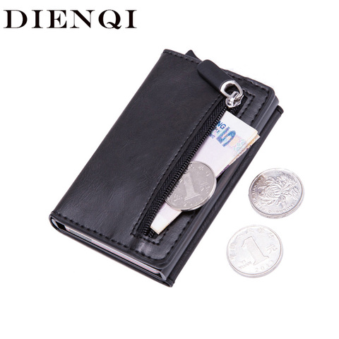 DIENQI – porte-cartes d'identité Anti Rfid pour hommes, portefeuille en cuir et métal, porte-monnaie pour femmes, Mini porte-cartes de crédit en carbone avec fermeture éclair ► Photo 1/6