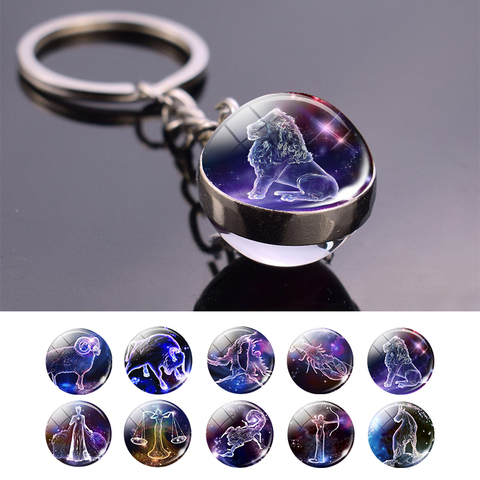 Porte-clé 12 constellations, pendentif boule de verre, signe du zodiaque, porte-clés de voiture, cadeaux d'anniversaire pour hommes et femmes ► Photo 1/6