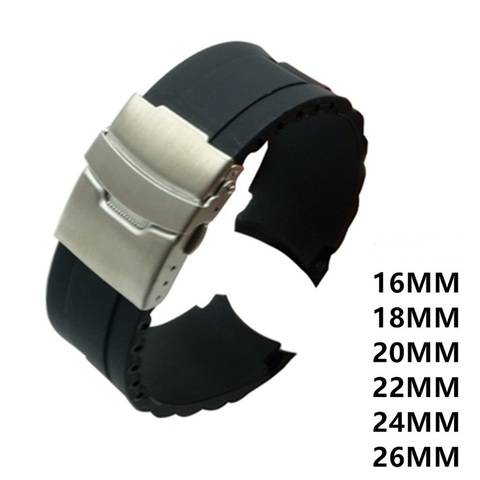 16mm 18mm 20mm 22mm 24mm 26mm Silicone caoutchouc plongeur Silicone Arc montre bracelet avec pliage acier inoxydable fermoir boucle bricolage sangle ► Photo 1/5