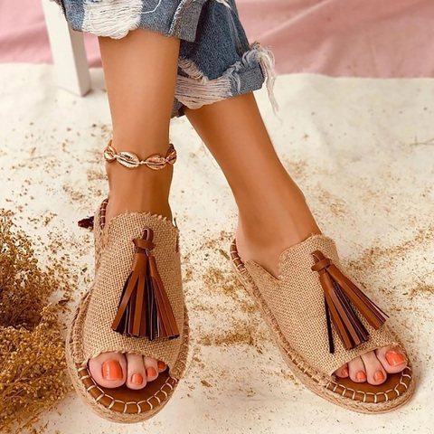 Sandales plates pour femmes, chaussures d'été à glands, style gladiateur, Mules, taille 4.5 – 10.5 ► Photo 1/6