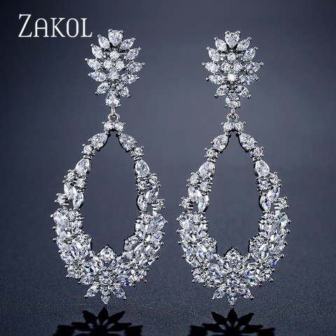 ZAKOL luxe populaire goutte d'eau plein Mirco pavé cubique Zircon balancent des boucles d'oreilles pour les femmes mode bijoux de mariage FSEP2123 ► Photo 1/4