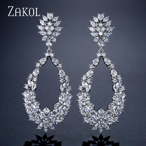 ZAKOL luxe populaire goutte d'eau plein Mirco pavé cubique Zircon balancent des boucles d'oreilles pour les femmes mode bijoux de mariage FSEP2123 ► Photo 1/4