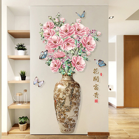 Style chinois Vintage riche Vase fleurs décor à la maison amovible PVC stickers muraux salon décoration murale ► Photo 1/6