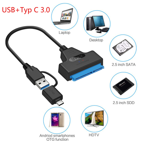 Câble adaptateur USB Sata 3 à USB 3.0/2.0, connecteurs de Type C pour disque dur Ssd de 2.5 pouces ► Photo 1/6