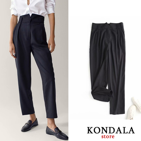 Pantalon pour femmes, Style élégant longueur cheville, noir, à boutons, veste pour homme coton, taille haute ► Photo 1/6