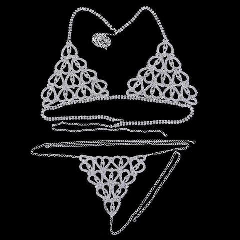 Sexy luxe coeur cristal Bikini corps chaîne harnais pour les femmes mode Lingerie chaîne Bling strass soutien-gorge et string ensemble bijoux ► Photo 1/6