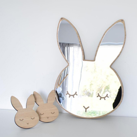 Miroir acrylique Style nordique bois acrylique miroir cadre mignon lapin forme dessin animé décoratif miroir pour bébé pépinière chambre décor ► Photo 1/6