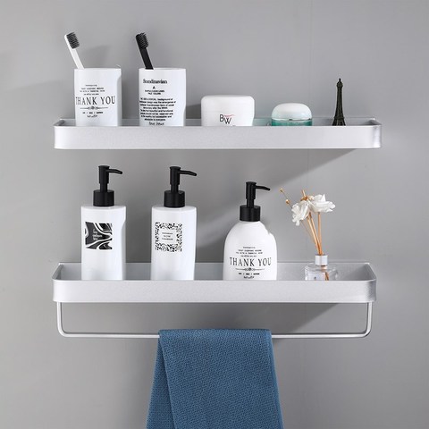 Étagère de salle de bain, douche avec barre à serviettes, coins en aluminium noir/argent, support de rangement mural pour cuisine ► Photo 1/6