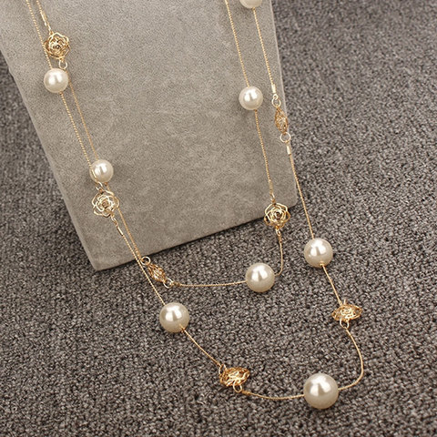 Long collier de perles avec pendentif fleur camélia pour femme, plusieurs façons de porter des bijoux chaîne de chandail, cadeau ► Photo 1/6
