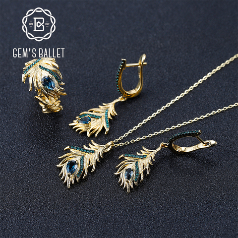 Ensemble de boucles d'oreilles en pierres précieuses naturelles, ensemble de pendentifs, bijoux en argent Sterling topaze bleu londres, plume dorée, ensemble de bijoux en argent Sterling 925 ► Photo 1/6