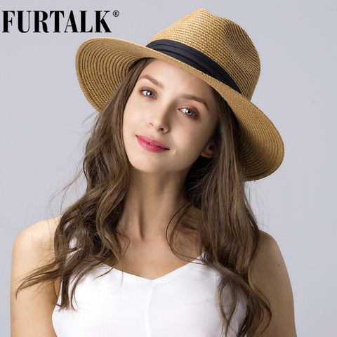 FURTALK – chapeau d'été en paille pour femmes et hommes, Panama, chapeau de plage, de soleil, à large bord, Fedora Jazz ► Photo 1/6