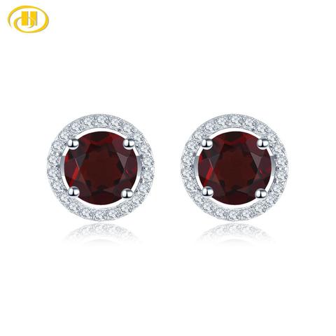 Hutang-boucles d'oreilles rondes en argent 925 grenat, bijoux en Zircon cubique fin, pierres précieuses rouges naturelles, solides, argent Sterling 925 ► Photo 1/6