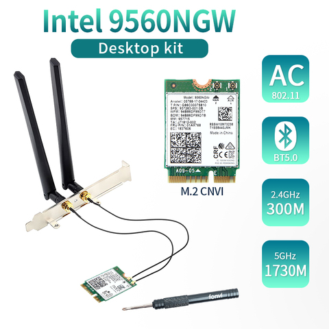 Kit de bureau sans fil Intel 2030, 9560/5Ghz, 2.4 mb/s, carte réseau double bande, bluetooth, 802.11AC, M.2, CNVI, Intel 9560NGW, avec antenne Wifi ► Photo 1/6