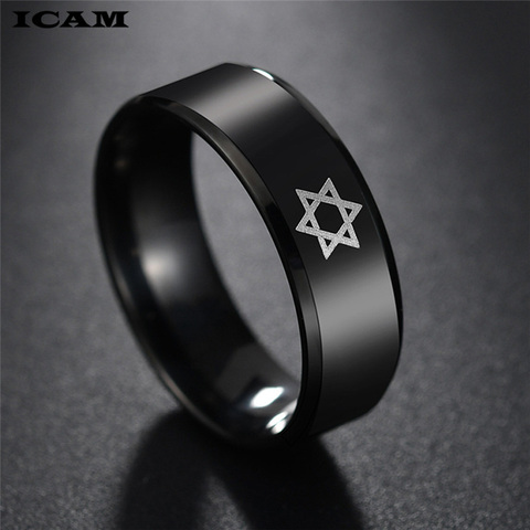 ICAM-bague étoile de David pour hommes, bijou juif israélien, en acier inoxydable, bague noire, en obsidienne ► Photo 1/6