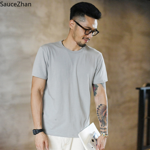 SauceZhan T-shirt à trois aiguilles col rond pour hommes, T-shirt estival en coton solide, épais, doux, non déformé ► Photo 1/5