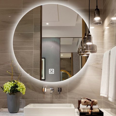 Miroir de salle de bain LED intelligent, rond, 50/60/70/80CM, rétro-éclairage réglable, 3 couleurs, avec miroir décoratif, pour chambre d'hôtel ► Photo 1/6