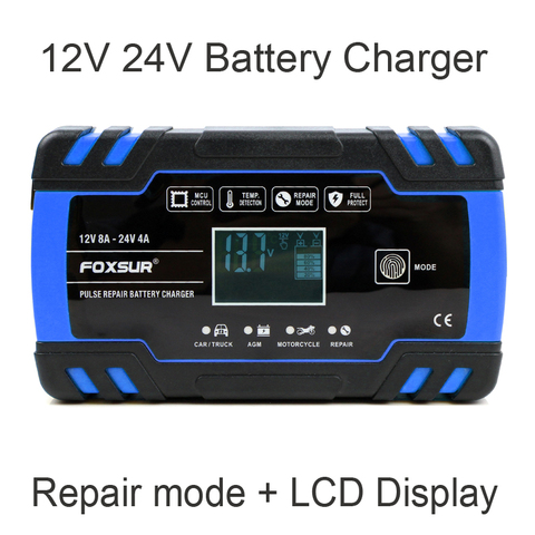 Chargeur de batterie de moto de voiture FOXSUR 12V 24V 8A, chargeur de batterie intelligent humide de GEL AGM d'acide de plomb, chargeur de batterie de réparation d'impulsion ► Photo 1/6
