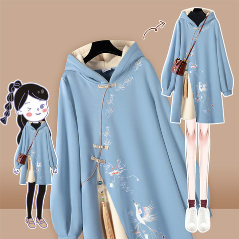 Amélioration Style chinois à capuche couture Cheongsam broderie sweat robe automne et hiver femmes épais Harajuku robes ► Photo 1/6