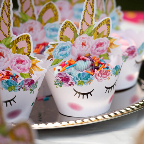 Emballage de Cupcake licorne arc-en-ciel, décorations de gâteau d'anniversaire, fournitures de fête prénatale pour enfants ► Photo 1/6