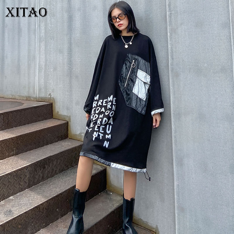 XITAO Patchwork lettre poche robe femmes 2022 automne décontracté mode nouveau Style tempérament O cou à manches longues robe ample ZP3270 ► Photo 1/6