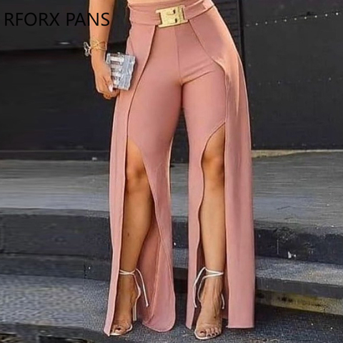 Femmes solide longue fente pantalon avec ceinture Sexy pantalons décontractés pantalons de mode ► Photo 1/3