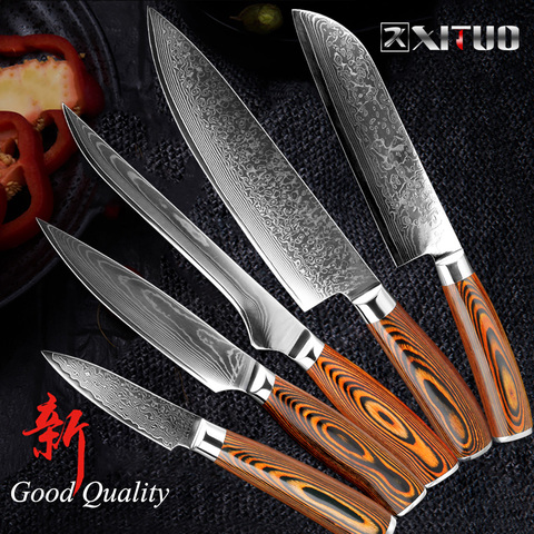 XITUO – couperet à viande en acier damas Vg 10, ensemble de 5 pièces, couteaux utilitaires pour Chef Santoku, manche en bois de couleur F ► Photo 1/1