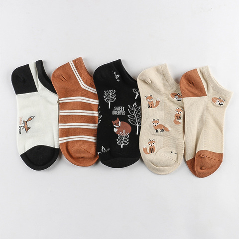 5 paires/ensemble femmes chaussettes renard flamant rose mignon animaux coton chaussettes courtes femme décontracté drôle chaussettes printemps été chaussette Sokken ► Photo 1/6