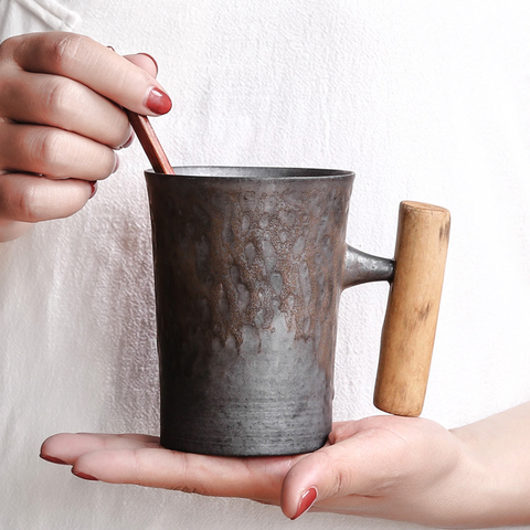 Créatif japonais en céramique tasse à café gobelet rouille glaçure avec manche en bois thé lait bière eau tasse maison bureau Drinkware 300ML ► Photo 1/6