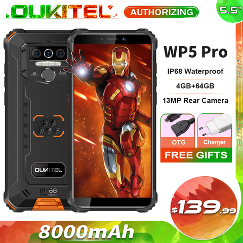 OUKITEL WP5 Pro 8000mAh téléphone portable robuste 4GB + 64GB 5.5 ''Android 10.0 13MP arrière caméra IP68 étanche Smartphone ► Photo 1/6