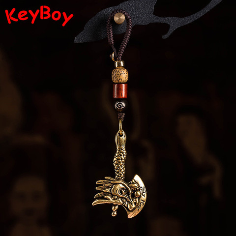 Dragon hache en laiton voiture porte-clés pendentif Vintage hommes à la main tissé corde chinois traditionnel lanière porte-clés suspendus bijoux cadeaux ► Photo 1/6