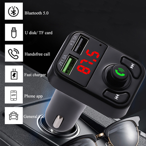 Transmetteur FM sans fil Bluetooth 5.0 pour voiture, mains libres, récepteur Audio pour voiture, lecteur MP3, double port USB, chargeur rapide, accessoires de voiture ► Photo 1/6