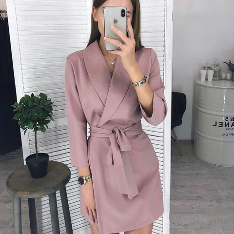 Robe Mini Sexy avec ceinture pour femme, ligne a, col en v, manches longues, couleur unie, robe élégante, nouvelle mode, hiver, décontracté ► Photo 1/6