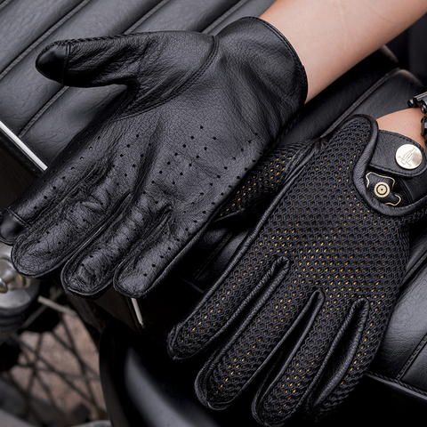 Gants de moto à doigt complet pour hommes et femmes, en cuir véritable noir, pour printemps et été, en maille respirante, en cuir, NR66 ► Photo 1/6