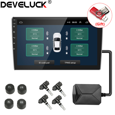 Système de surveillance de pression des pneus USB Android TPMS pour autoradio lecteur de voiture DVD 4 capteurs externes/intérieurs de pneus alarme de température ► Photo 1/6