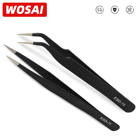 WOSAI – pincettes droites courbées antistatiques de précision, en acier inoxydable, réparation de téléphones, iPad, puces IC, réparation de cartes mères, outils à main ► Photo 1/6