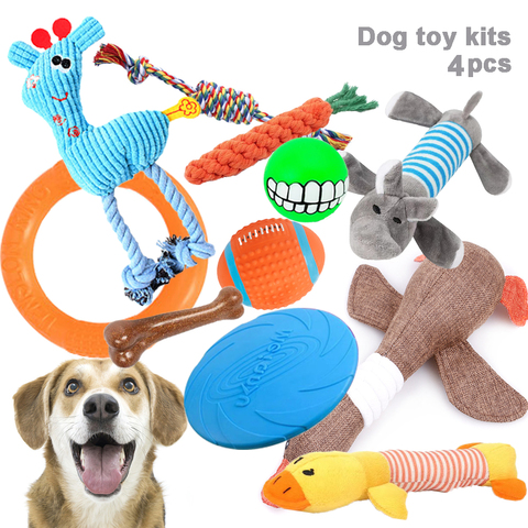 Lot de 4 pièces de jouets pour chiens, balle d'os, disques volants, grincement, Kit de jouet doux à mâcher, petits et grands chiens, entraînement actif, jouets pour chiots ► Photo 1/6