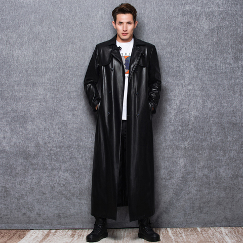 Lautaro longue en cuir noir trench coat hommes à manches longues double boutonnage printemps automne grande taille en cuir pu hommes vêtements 6xl 7xl ► Photo 1/6