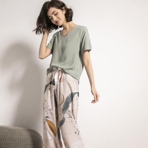 Pyjama en coton et soie pour femmes, col en v, imprimé grandes feuilles, style simple, ample et doux, vêtements de maison, nouvelle collection été 2022 ► Photo 1/6