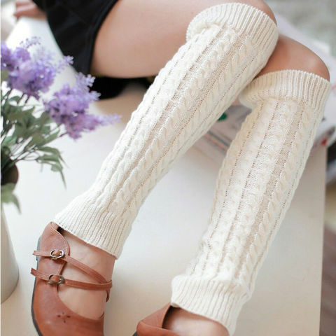 Chaussettes en Crochet pour femmes, tricot chaud, jambières, bottes, noir blanc Beige rose, hiver ► Photo 1/6