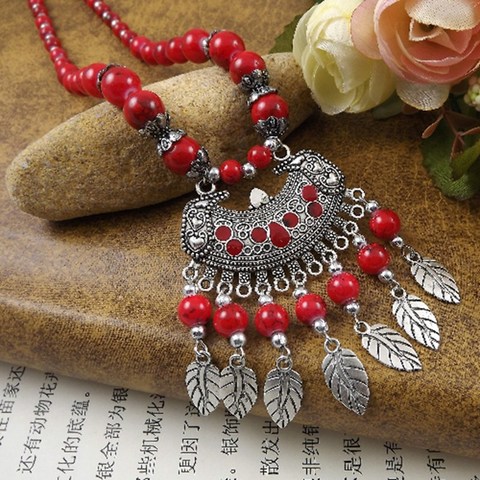 Bohême Vintage ethnique feuille rouge pierre gland collier pour les femmes gitane argent couleur longue chaîne collier pour les filles bijoux tibétains ► Photo 1/6