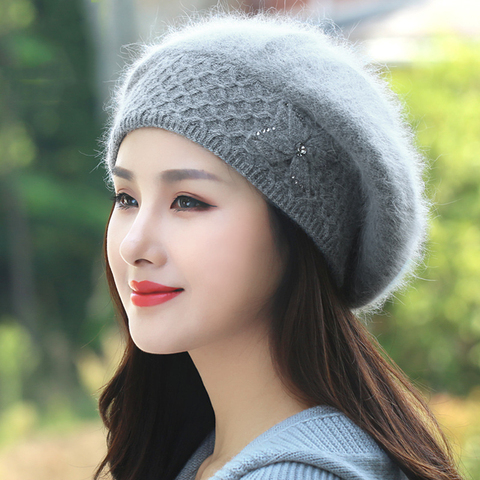 Angora Beret chapeau pour femme | Chapeau, bonnet, tricot chaud, Double couche, doux, épais, thermique, ski de neige, accessoire d'extérieur pour adulte ► Photo 1/6