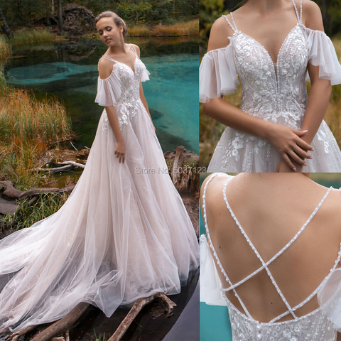 2022 luxe hors De l'épaule robes De mariée une ligne perles bretelles dentelle Appliques dos ouvert robe De mariée Vestidos De Noiva ► Photo 1/6