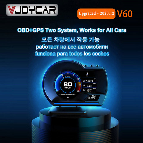 Vjoycar V60 plus récent affichage tête haute affichage automatique OBD2 + GPS voiture intelligente HUD jauge numérique odomètre alarme de sécurité eau et huile temp RPM ► Photo 1/6
