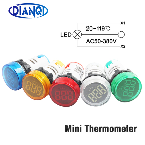 Mini compteur de température pilote en plastique de 22mm, thermomètre numérique à LED, 20-119 Celsius, 50-380V AC, bleu, rouge, blanc, jaune, vert ► Photo 1/6