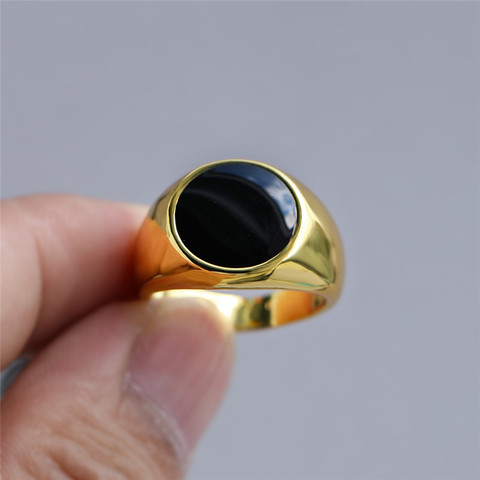 Grande bague ronde noire de couleur or jaune pour hommes, bijoux Vintage de mariage, anneau de fiançailles, cadeaux de luxe ► Photo 1/6