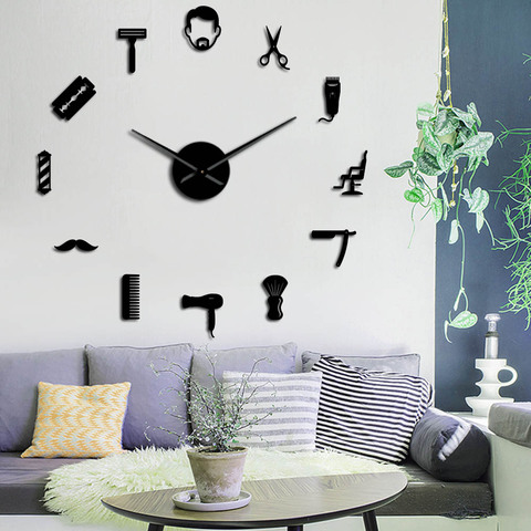 Horloge murale 3D en acrylique pour Salon de coiffure sans cadre, horloge pour homme Simple, effet miroir, à faire soi-même, décoration pour Salon de coiffure ► Photo 1/6