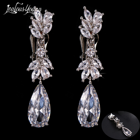 Boucles d'oreilles en Zircon en feuille, Clips, couleur argent, goutte d'eau, Clips, longs, en cristal, mariage, manchette, bijoux, cadeaux ► Photo 1/6